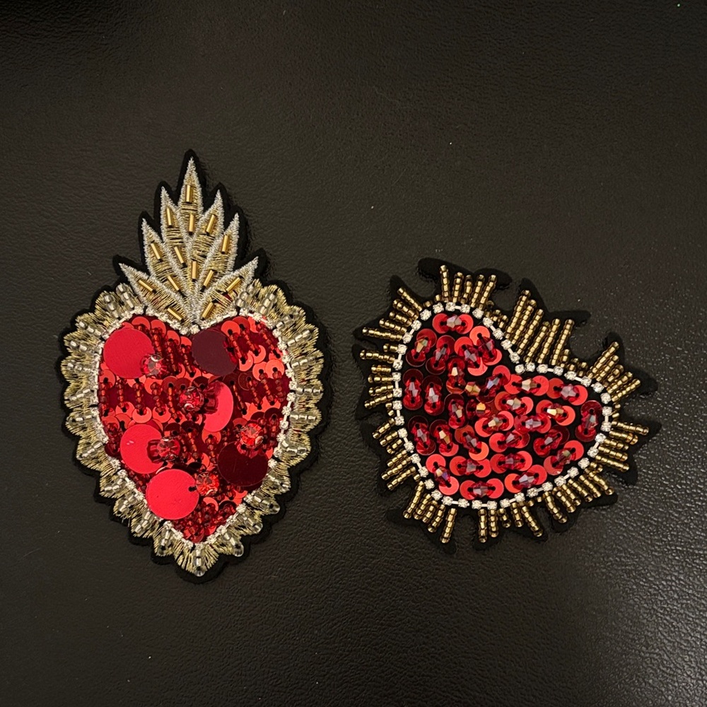Embroidered Heart Patches - Red and Gold